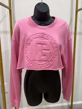 Authentic Balmain Paris Pink Cropped Sweatshirt Embossed Logo XS